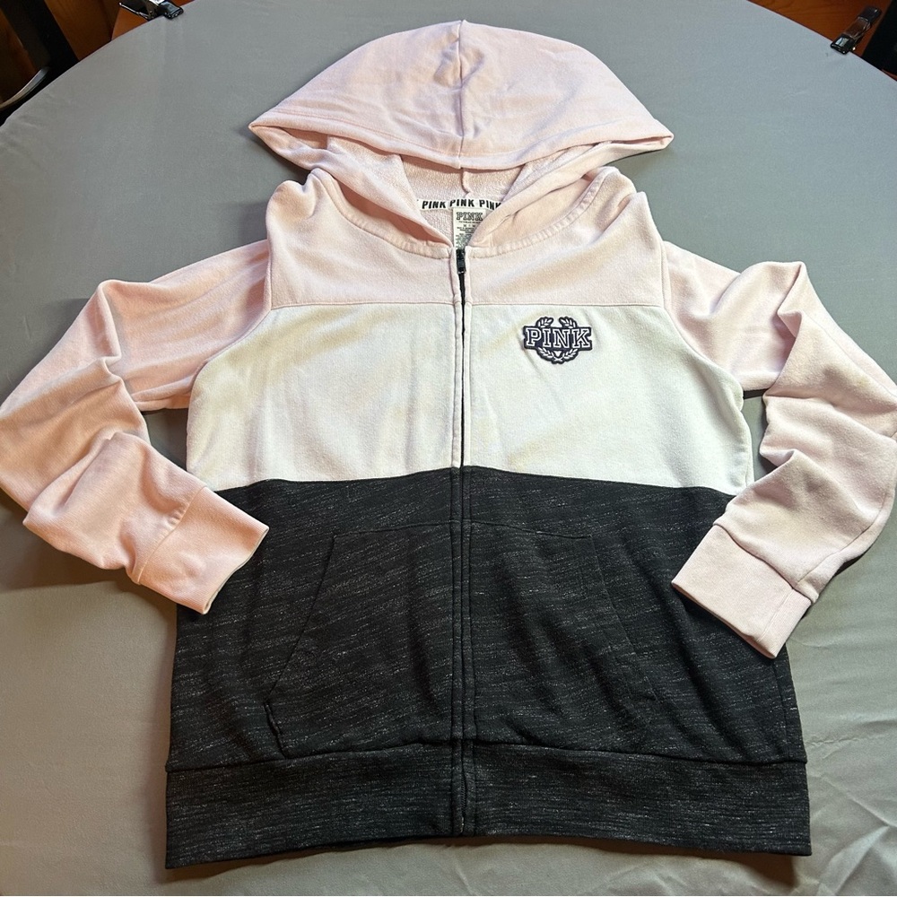 Pink Victory Secret Women’s Zip Up Hoodie Pink/White/Gray Size Medium